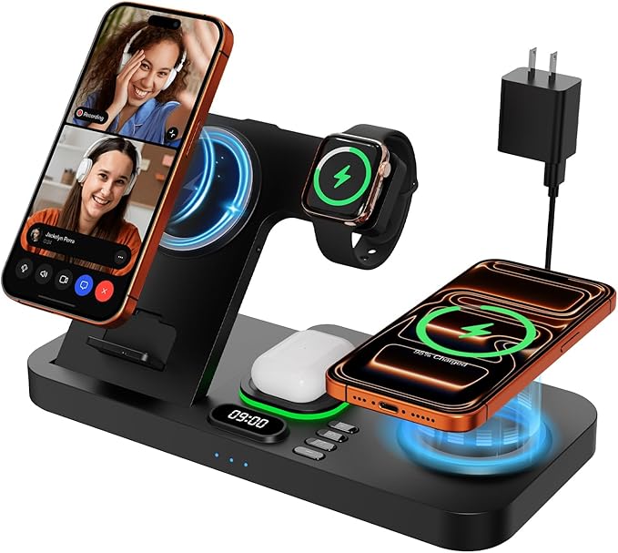 Dual Phone Magnetic Wireless Charging Station for Apple Devices/Apple Ecosystem, 7-Color Auto Light & 12H Clock, Multi-Device Charger for iPhone 17/16/15, for iWatch 11/10/9 & AirPods Pro3(Black