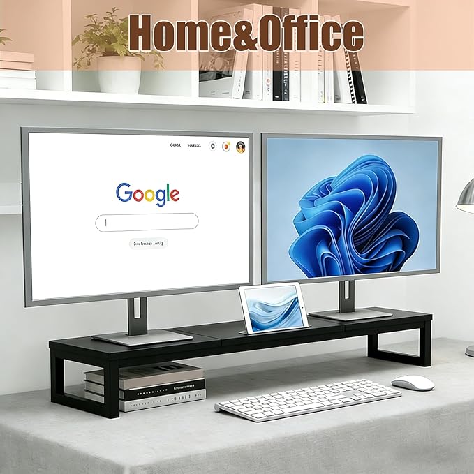 Dual Monitor Stand Riser, 38.7'' Long Wood and Steel Monitor Stand for 2 Monitors, Ergonomic Desktop Organizer with Tablet Stand for Computer,Laptop,TV (Black)