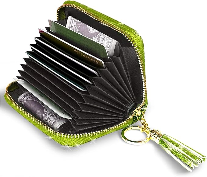Coco Rossi Women's Small Credit Card Wallet RFID Cute Glitter Card Holder for Women, Chartreuse