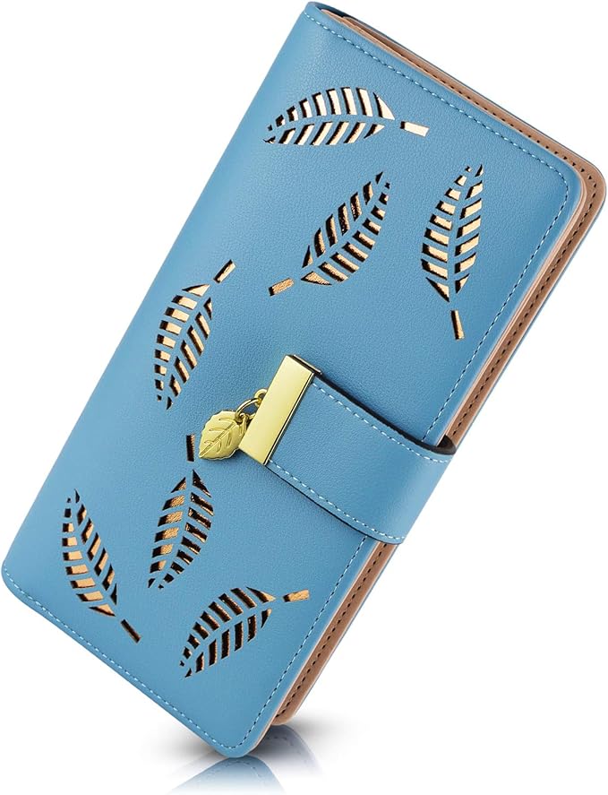 PGXT Women's Wallet Women Credit Card Holder Hollow Leaf Pattern Bifold Leather Lady Long Wallet Purse Zip Birthday Xmas Gifts for Women Girls(Blue)