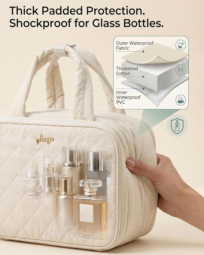 Lightweight Structured Travel Toiletry Bag for Women - Wide-Open Puffer Mini Duffel with Removable Divider, Waterproof Lining, Water-Resistant Exterior, Fits Full-Size Bottles & Shower Essentials