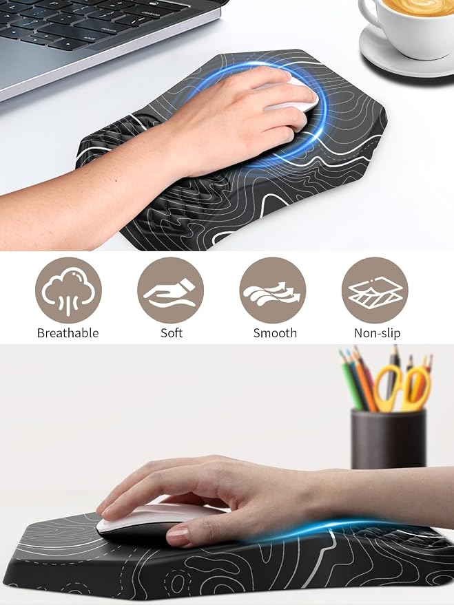 3-in-1 Ergonomic Keyboard Stand with Wrist Rest & Mouse Pad Set, Comfy Keyboard Riser Holder Soft Mousepad with Massage Design, Memory Foam and Non-Slip PU Base for Pain Relief, Topographic