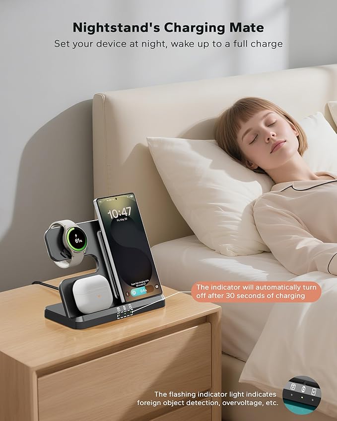3 in 1 Charging Station for Samsung, Wireless Charger Stand for Galaxy S26/S25/S24/S23/Z Fold, Phone and Watch Charger for Samsung Watch Galaxy 8/7/6/5, Galaxy Buds 3/2/Pro