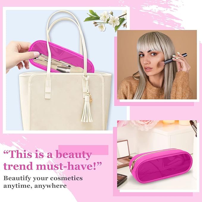 Nylon Small Clear Makeup Bag Slim Pencil Pouch, Cute Pencil Case Makeup Bag Preppy Cosmetic Zipper Pouch for Purse,Travel PVC Toiletry Bag Clutch Coin Pouch Makeup Organizer for Women Girls(Hot Pink)