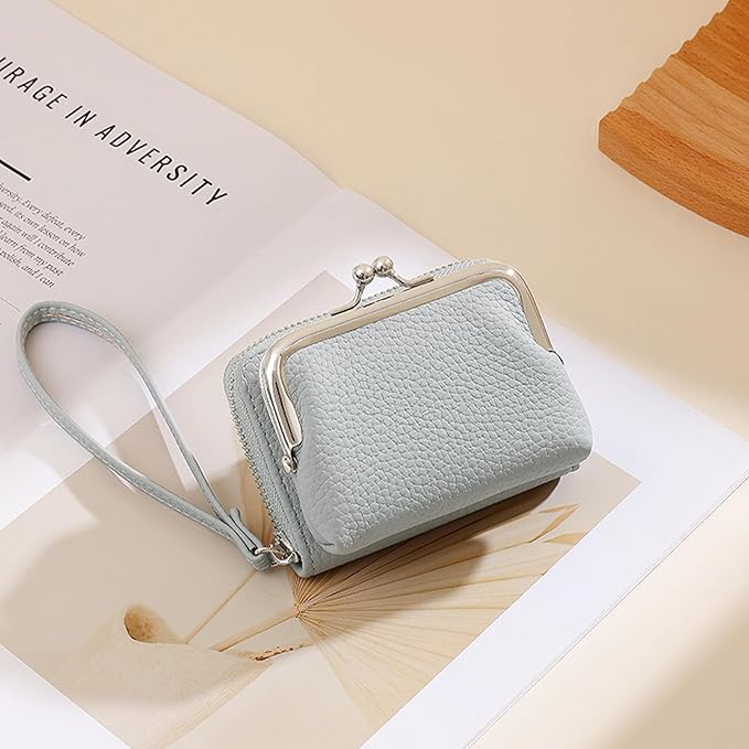 Women's Pebble Leather Wristlet Wallet, 2-in-1 Zip-Around Credit Card Holder with Kiss Lock Coin Purse, Cute Change Purse with Secure Clasp & Card Slots (Light Grey, Small)