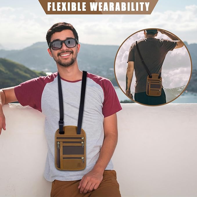 RiRingsun Genuine Leather Passport Holder For Travel, RFID Blocking Slim Neck Wallet with Adjustable Strap for Women Men, Travel Essentials to Keep Cash, Credit Cards and Documents Safe, Light Brown