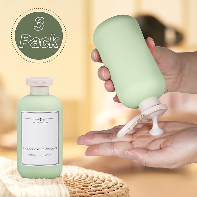 10oz Travel Shampoo Bottle, Empty Plastic Squeeze Bottles with Flip Cap, Lotion Container for Toiletries Travel Size Shampoo and Conditioner (3 pack green)