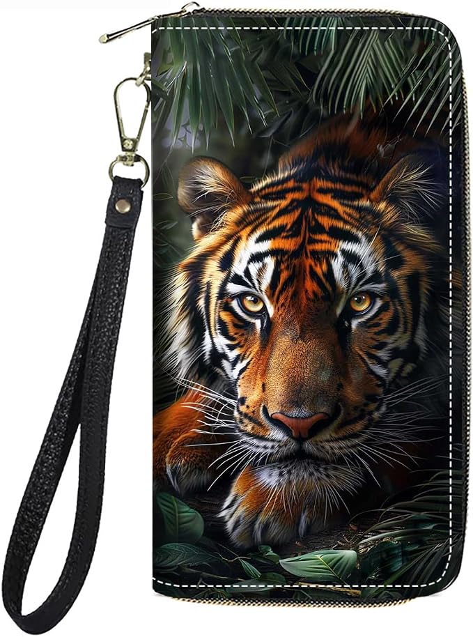 Women's Large Capacity Wallet PU Leather Zip Around Clutch Purse Multifunctional Wallet with Removable Wristlet Strap for Smart Phone/Coin/Card/Cash - Tiger