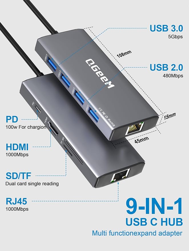 QGeeM USB C Hub Ethernet,9 in 1 USB Type C Hub HDMI Multi-Port Converter Adapter,100W Pd, USB 3.0,SD/TF Card Reader,Compatible for MacBook Pro Air Ipad HP Dell Lenovo Chromebook etc.-Gray