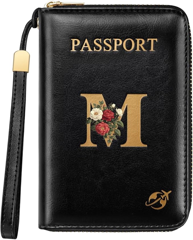 Passport Holder Cover Wallet with Zipper Personalized Initial Letter M Rose Flower RFID Blocking Travel Wallets Credit Cards Holder for Women, Gift for Wife and Girlfriend,M