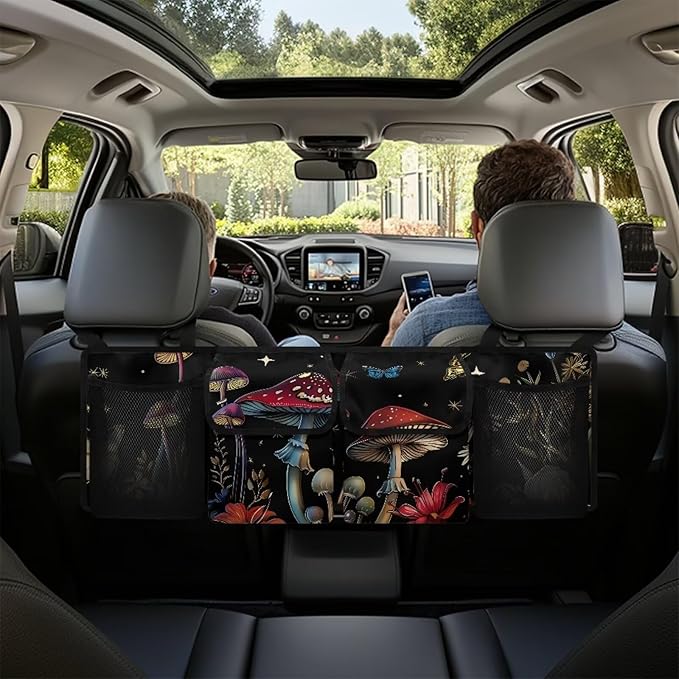 Mushroom Car Trunk Organizers,Backseat Hanging Organizer with 4 Large Storage Bag,Butterfly Black Design Bag with Lids,Road Trip Adjustable Strap Not Easy to Fade