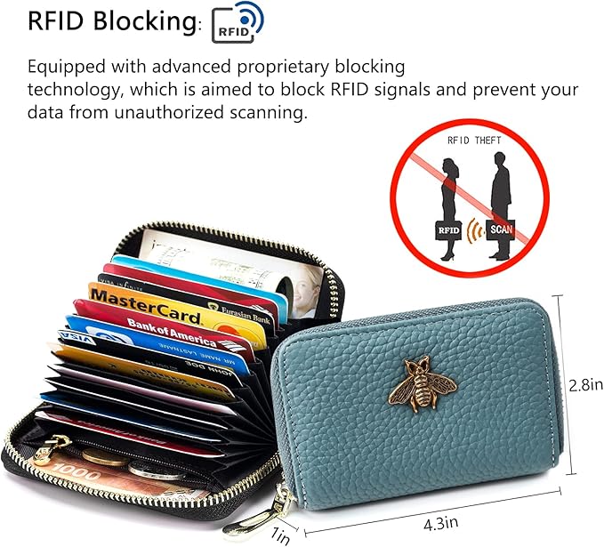 imeetu RFID Credit Card Holder, Small Leather Zipper Card Case Wallet for Women