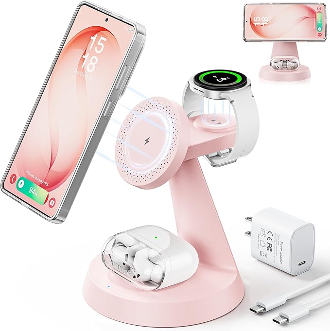 Magnetic Wireless Charger for Samsung, 3 in 1 Charging Station Compatible with MagSafe Samsung Charger for Galaxy S26 Ultra S25 Z Fold7/Flip7, Watch Charger Stand for Galaxy Watch Ultra 8 7, Pink