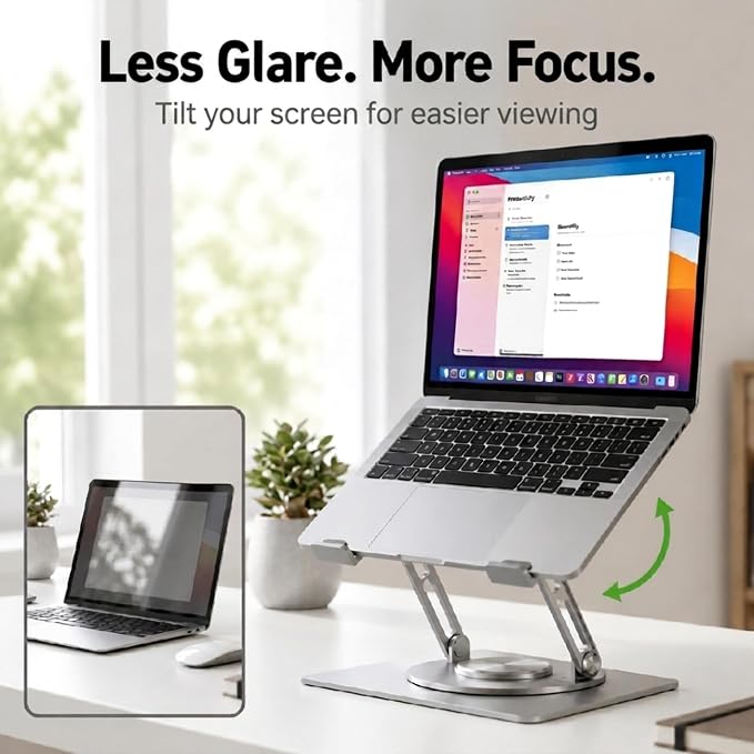Uncaged Ergonomics Swivel Laptop Stand for Desk, Adjustable Computer iPad Stand for Desk w/ 360 Rotation, Portable Laptop Holder for Home Office Ergonomic Supplies (Arctic Silver)