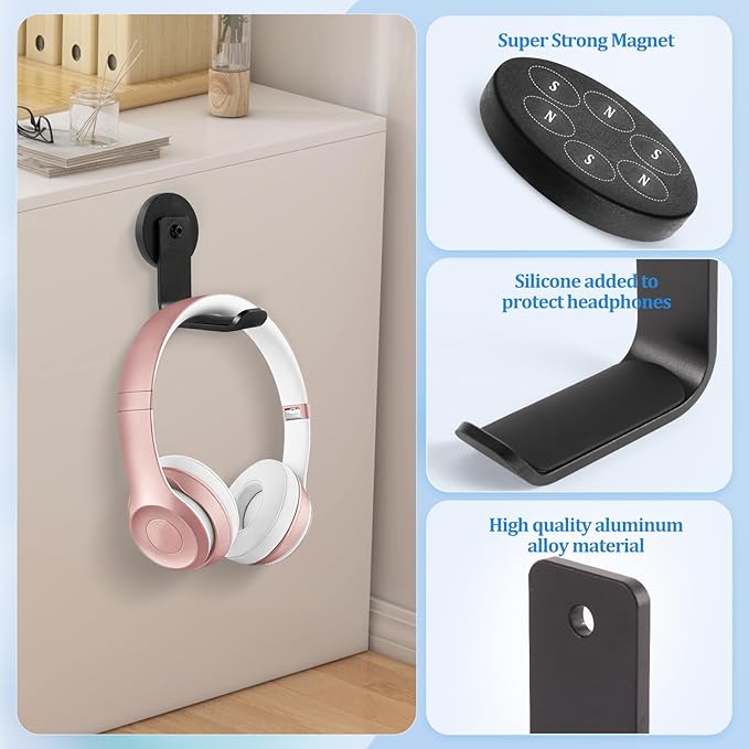 Magnetic Headphone Holder, Aluminum Headset Hooks, Headphone Hanger for Desk & Table, Headphone Mount Stand with Rubber Pad, Compatible with All Computer/Gaming Headsets (Black)