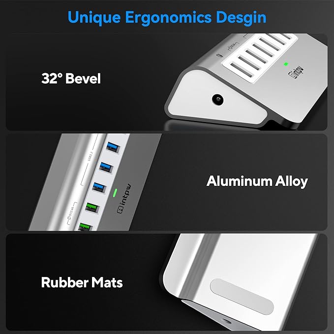 Powered USB Hub 10Gbps, 7 Port USB 3.2 Gen 2 Hub with 4 USB 3.2 Data Ports, 3 Fast Charging Ports, 36W Power Adapter, Type A and Type C Cable, Aluminum USB Data Hub for Mac, PC, Laptop