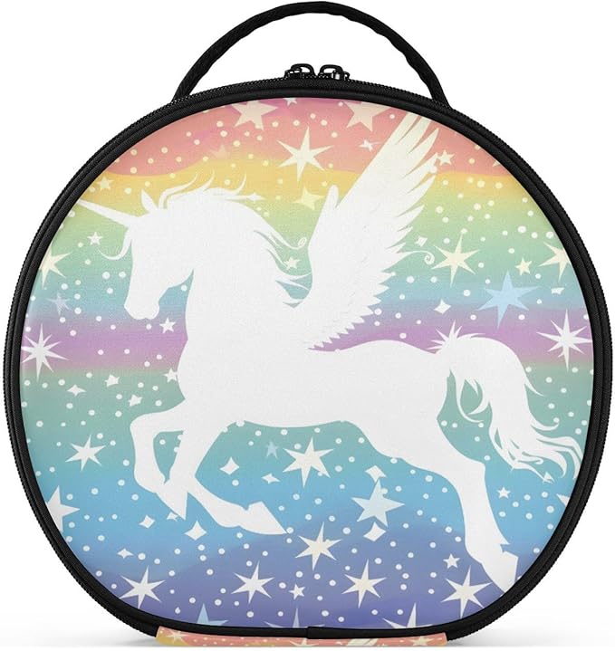 senya Round Cosmetic Pouch Travel Makeup Train Case Winged Unicorn Stars Makeup Organizer Bag with Adjustable Dividers Portable for Cosmetics Makeup Brushes Toiletry Jewelry Accessories