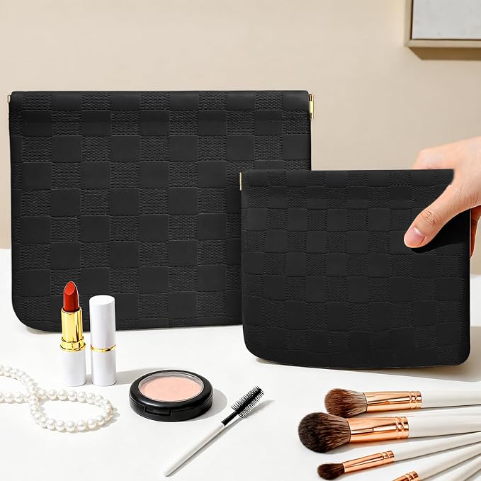 2 PCS Ladies Small Makeup Bag for Purse,Coin Purse Lipstick Cosmetic Accessories Organizer,Travel Pouch,Waterproof No Zipper Self-closing Small Makeup Pouch (Checkered Black)