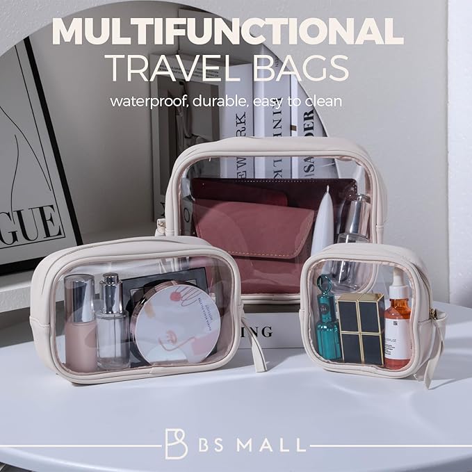 BS-MALL Toiletry Bag Waterproof Makeup Organizer Travel Size Clear - Makeup Cosmetic Organizer Water-resistant Portable Pouch PU Leather Washable Travel Essentials Makeup Bag 3 Pack