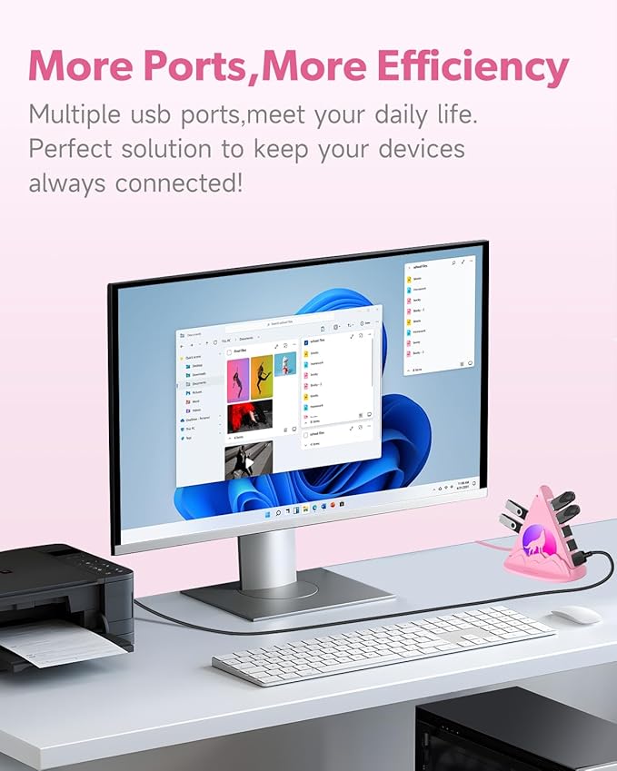 7 Port USB 3.0 Hub,Pink USB Hub with Wolf Shaped RGB Night Light, 2ft Long Cable and Pink Base,for Laptop, PC, Flash Drive, HDD, Console, Printer, Keyborad, Mouse and More(Charging Not Supported)