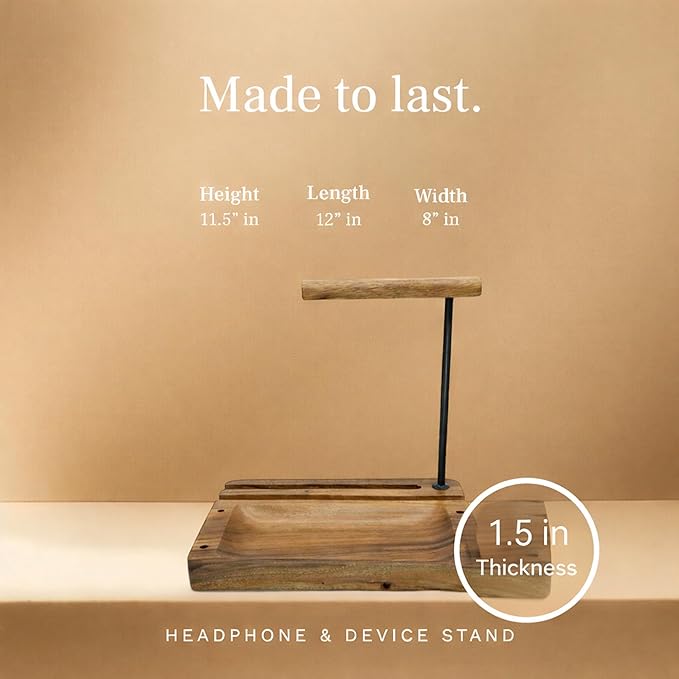Solid Acacia Wood Multiple Headphone Stand – Multi-Device Holder for iPad, iPhone, Tablets & Phones, Desk Organizer with Tray, Pen & Pencil Holder, 1.5" Thick Base, Wooden Tech Dock