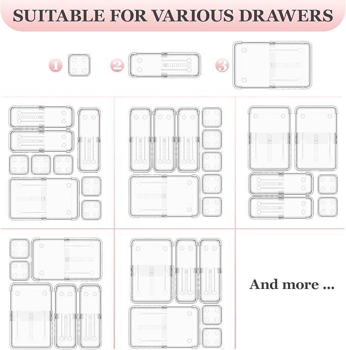DILIBRA 16 Pcs Clear Extendable Drawer Organizer, 3-Size Adjustable | Plastic Non-Slip Storage Bins, For Makeup Cosmetic Jewelries, For Utensils Stationery, For Dressers Tool, Desk Drawer Storage