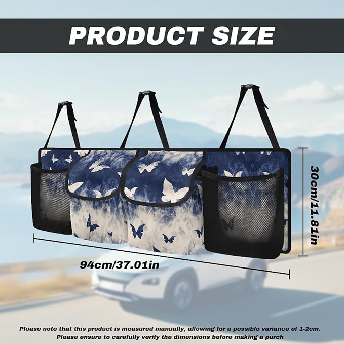 Blue Butterfly Car Backseat Hanging Trunk Organizer for SUV Collapsible Car Interior Accessories with 4 Pockets & 3 Adjustable Straps for Women