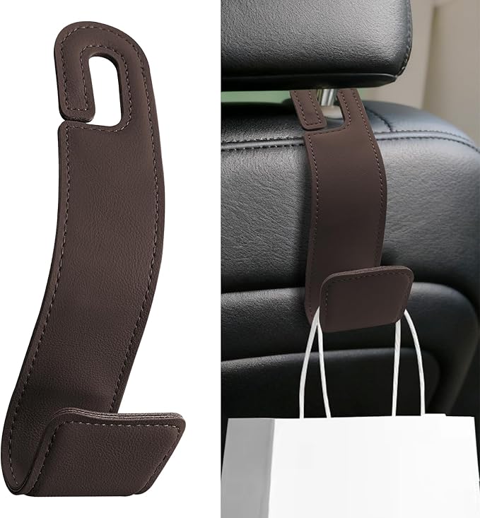 Car Seat Headrest Hooks, Purse Hook for Car, Automotive Headrest Handbags Holder, Auto Accessories Leather Seatback Organizer Hanger for Hanging Purses Bags Coats (Brown, 1PCS)