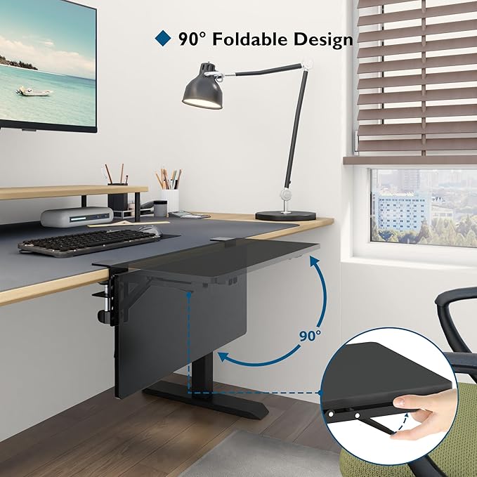 BONTEC Small Ergonomics Desk Extender Tray, 20x9.5 Inch Table Mount Arm Rest Shelf, 90° Foldable Keyboard Tray Platform, Clamp on Computer Arm Rest for Desk, Suitable for Office Desks, Black