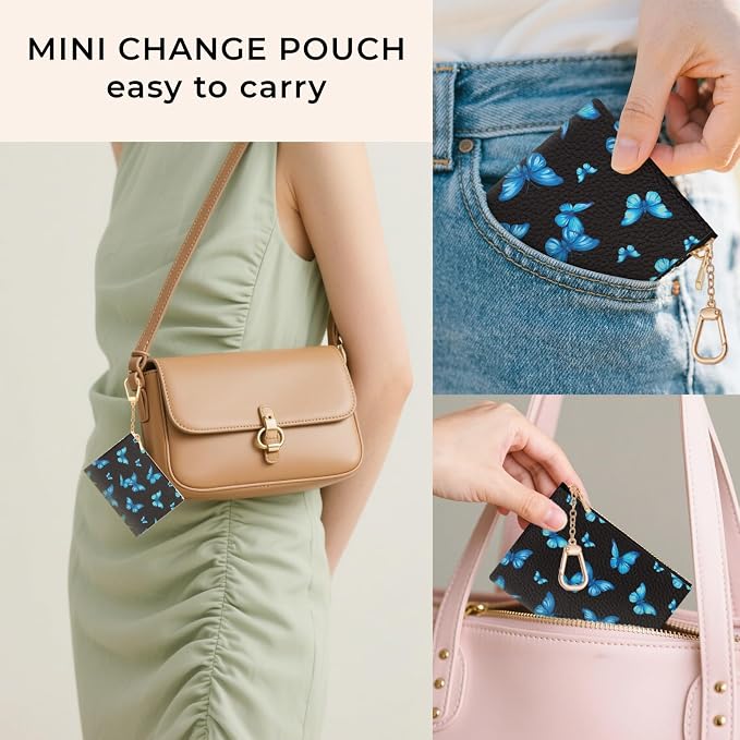 Blue Butterfly Keychain Coin Purse for Women, Small PU Leather Change Pouch, Zipper Little Tiny Travel Wallet for Girls, Cute Kawaii Zip Pocket Coin Holder with Key Ring