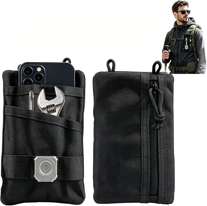 Small EDC Pouch，EDC Pouch for Men,Multitool Pocket Pouch Hold for EDC Tools, Outdoor Sports, Camping, Hiking, Purse, Cards, Keys, Change, Black EDC Belt Pouch for Daily Carry