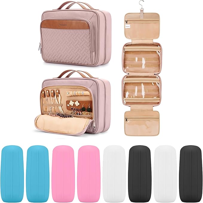 COOSKY Travel Hanging Toiletry Bag for Women, Large Makeup Bag 8 Leak Proofing Silicone Bottle Covers, Waterproof Cosmetic Bag with Jewelry Organizer Compartment, Toiletries Kit Set, Pink