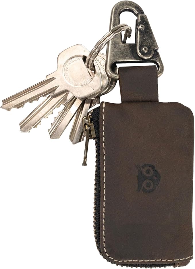 Hide & Drink, Car Key Holder Handmade from Full Grain Leather, Headphone & Charging Cables, Cash Zipper Case with Clasp (Bourbon Brown/White Stitching)