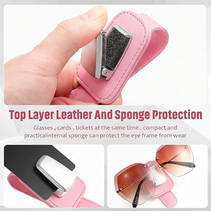 2 Packs Car Glasses Holder Universal Car Visor Sunglasses Holder Clip Leather Eyeglasses Hanger and Ticket Card Clip Eyeglasses Mount for Car (Pink)