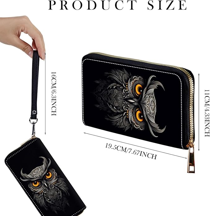 Zip Around Wallets for Women with Detachable Wrist Strap, Large Capacity RFID Blocking Leather Purse Organizer Card Holder Wristlet,Beautifull Owl Abstract