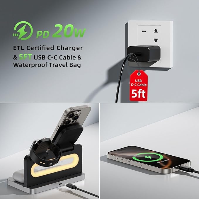 3 in 1 Wireless Charging Station for Apple MagSafe Charger,Magnetic Wireless Charger Stand for iPhone 16 15 14 13 12,Foldable Nightstand Charging Dock for Apple Devices iWatch,AirPods with Night Light