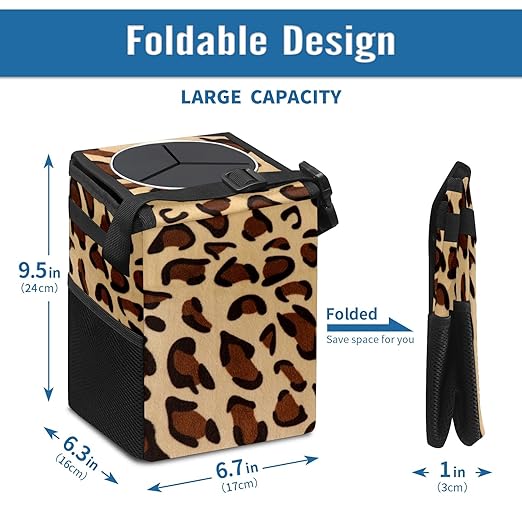 Car Trash Can Leopard Print Wate-rproof Auto Garbage Bag Car Trash Can with Lid Leak-Proof Car Storage Bag Hanging for Headrest Collapsible and Portable with Storage Mesh Pocket