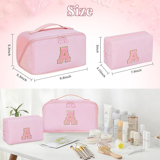 Initial Makeup Bag, Portable Water-resistant Monogram Cosmetic Bag Set, Travel Toiletry Bag with Brush Holder, Personalized Gifts for Friend Teacher Mom Wife, Pink H