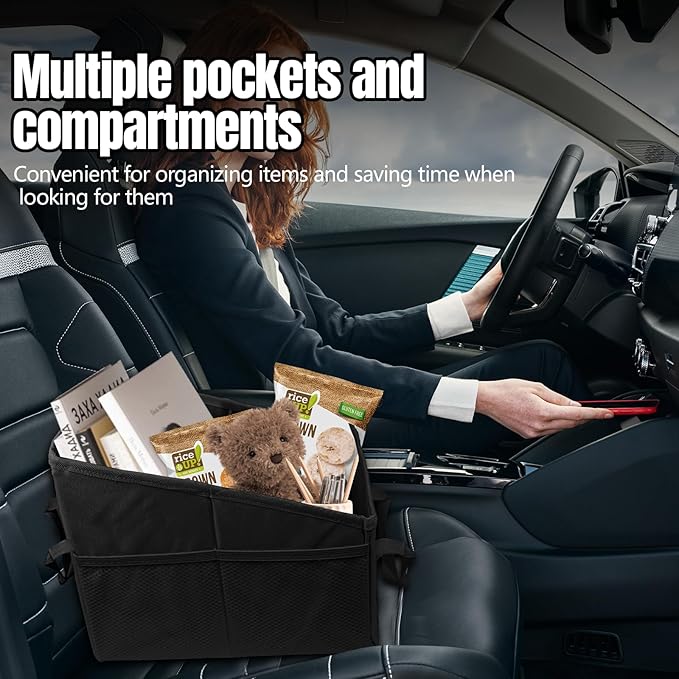 Hovom Car Organizer, Automotive Passenger Seat Organizer, Car Caddy with Multiple Compartments & Pockets, Collapsible Small Vehicle Storage Organizers for Front and Back Seat, Trunk, Floor (Black)