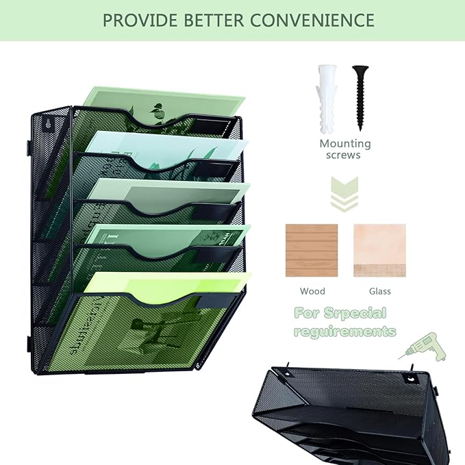 5 Tier Mesh Hanging File Organizer Vertical Wall File Organizer Wall File Holder for Office School Home, Black