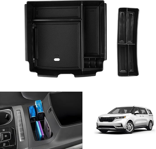 Autorder 2PCS Center Console Organizer for Kia Carnival 2022-2025 2026 Accessories Armrest Storage Box Secondary Insert Tray with Black Anti-Slip Mat（Front Tray + Armrest Organizer）