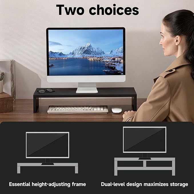Monitor Stand Riser, Desktop Stand for PC/Laptop/Printer, Wood Monitor Riser with Storage, Computer Stand Keyboard Organizer, Black, 15.7 Inch