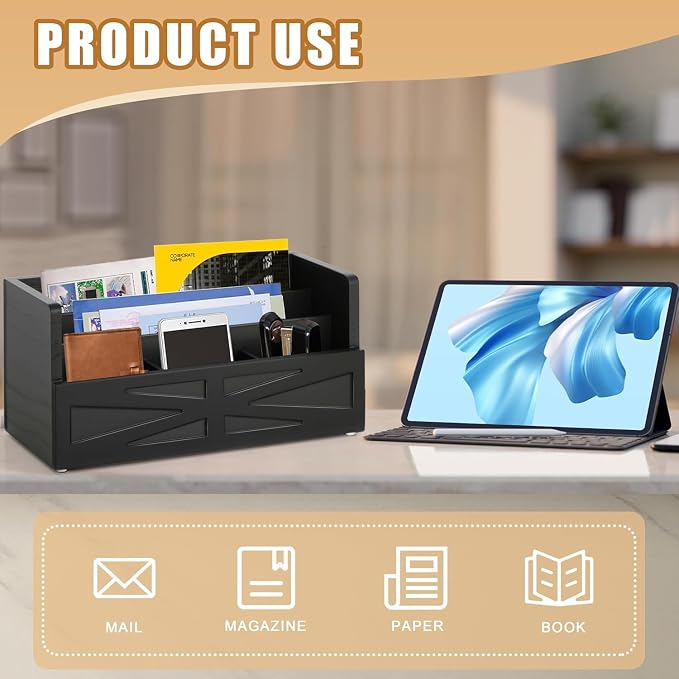 Mail Organizer Countertop, Wood Mail Holder Sorter for Desk, Rustic Bill Storage Organizer Box, Office Letter Basket for Document File Folder Paper Envelope (Black)
