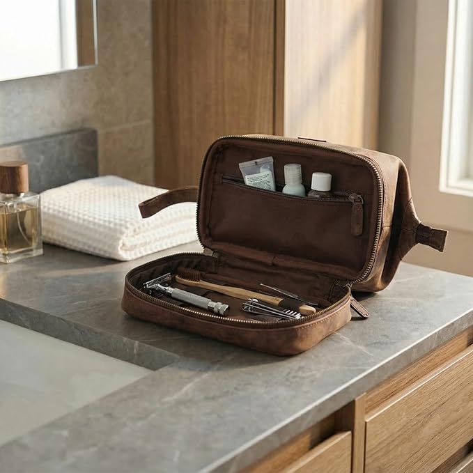LEATHER VILLAGE Genuine Leather Dopp Kit – Large Travel Toiletry Bag with Waterproof Lining, Dual-Zip Design for Men & Women, Organizer for Shaving, Makeup & Essentials - Rustic Brown