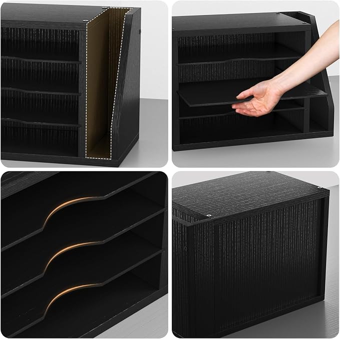Creso hom Mail Sorter, File Organizer Desktop, Wood Desk Organizer with 3 Adjustable Shelves, Mail Holder for Office, Home, Letter Sorter File Holders for Envelopes, Mail Supplies Magazines, Black