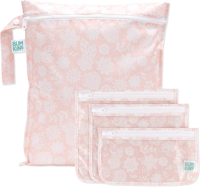 Bumkins Wet Bag and 3-Pack Clear-Sided Travel Pouches, Waterproof Organizer for Toiletries, Gym Clothes, Swim Gear, Shoes, Accessories, TSA Compliant Packing Set - Pink Lace - 4 Pack
