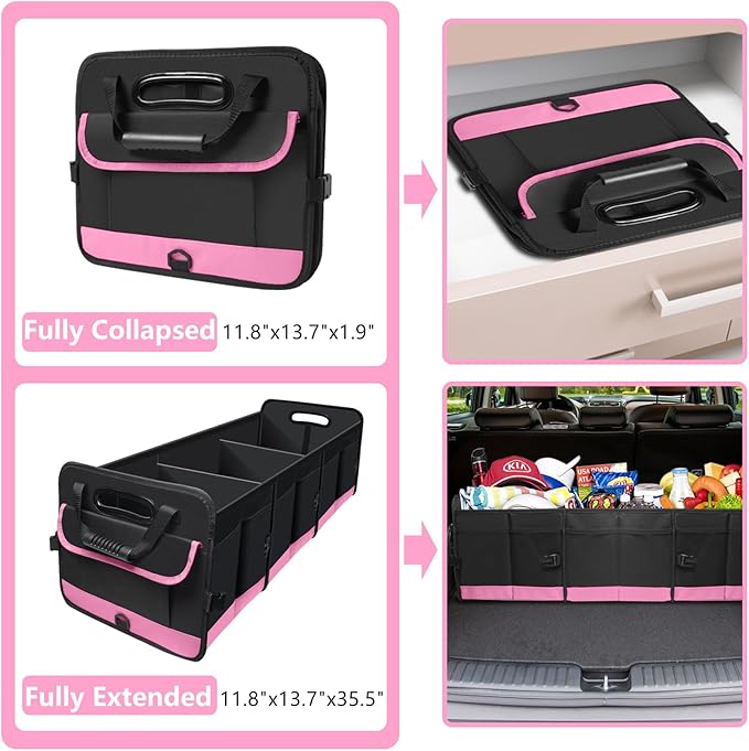 AOPHY Trunk Organizer for Car, 95L Large Capacity Trunk Storage with Non-Slip Bottom Strips, Cargo Organizer for Suv, Truck, Sedan, Waterproof Portable Car Organizers for Women Men(Pink)