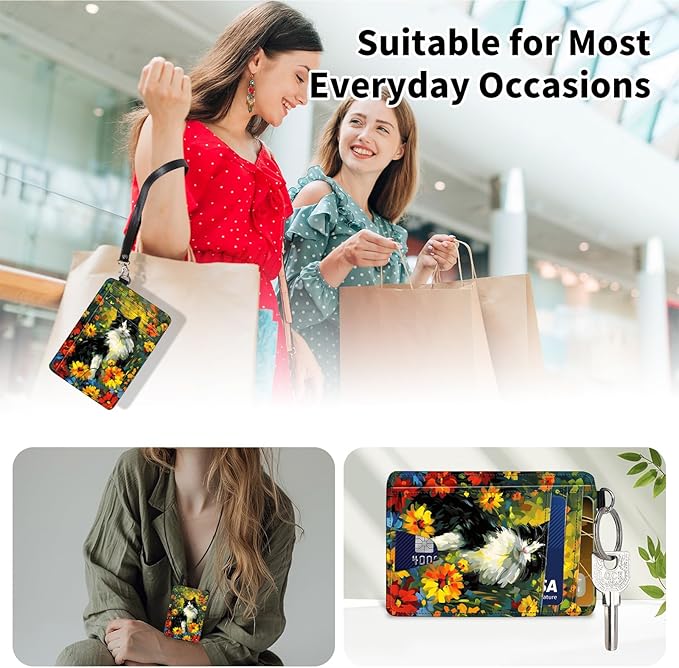 Slim Minimalist Front Pocket Wallet,Credit Card Holder Wallet for Women Men,RFID Blocking Credit Card Holder Case Leather Cute Small Thin Wallet ID Window&Wrist Strap,Watercolor Cat Flower