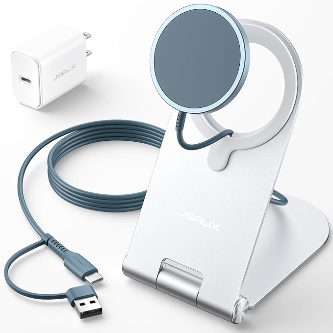 JSAUX Magnetic Wireless Charger Compatible with MagSafe Charger iPhone 16/15/14/13/12 Series, Wireless Mag Safe Charging Pad (Blue) with 20W PD Adapter and Desktop Stand
