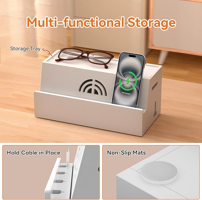 Bamboo Cable Management Box, White, 31X14X15.5CM, Cable Organizer Box for Desk with Conceal Power Cords and Power Strips, Suitable for Living Rooms, bedrooms, Offices and More